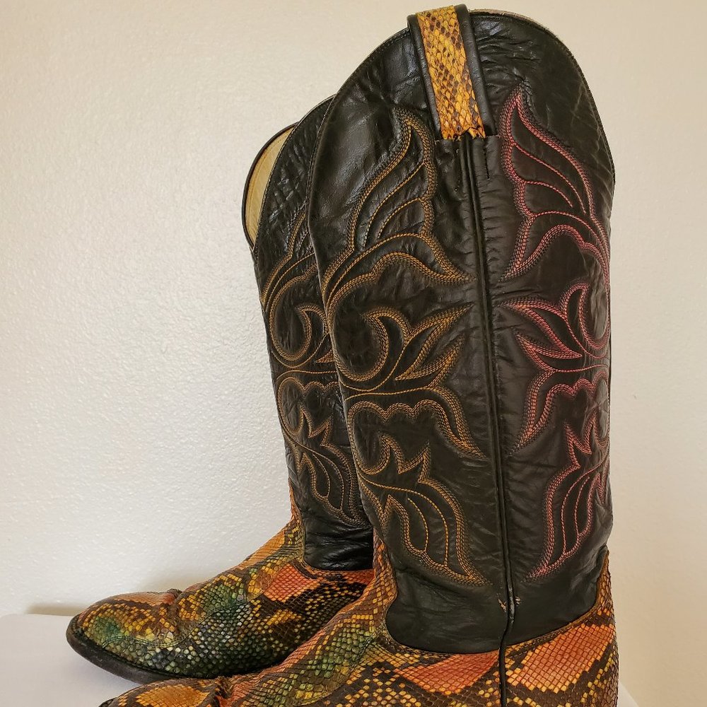 Anaconda 7 1/2 painted green yellow orange black western cowboy boots snakeskin - Picture 8 of 10